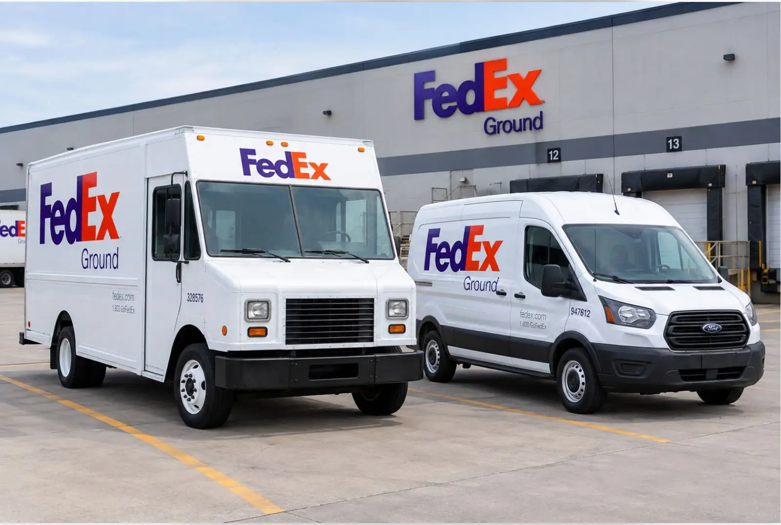 Two delivery vehicles parked in front of a FedEx Ground facility